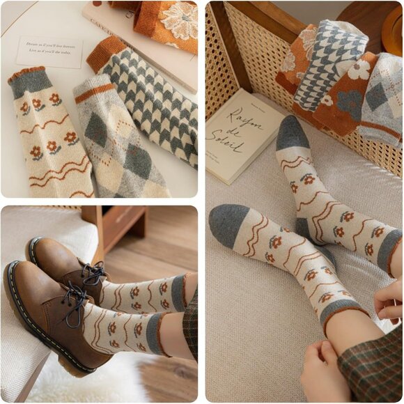 5/10 Pairs Wool Socks for Women Thick Knit Vintage Cute Floral Crew Socks - Picture 6 of 8